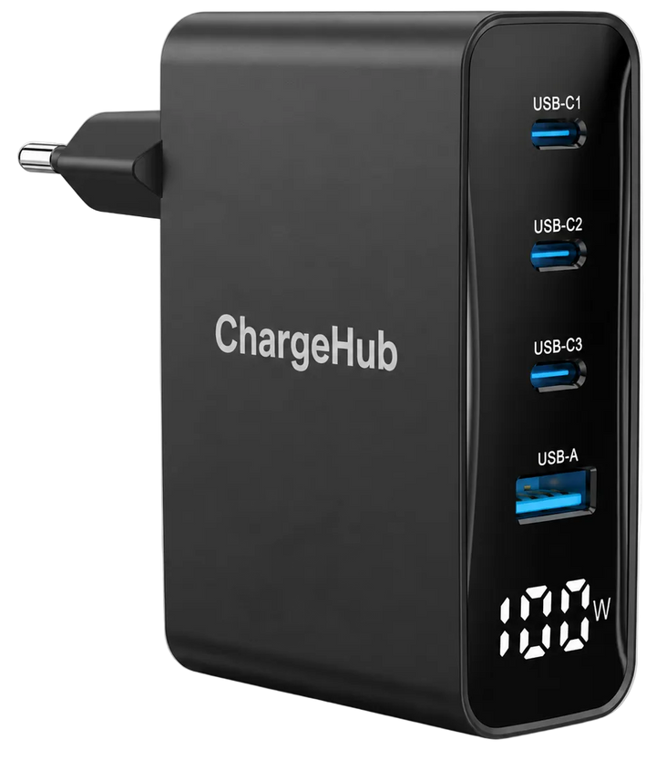 ChargeHub 100W GaN 4-port USB-C laptop charger for laptops, phones and tablets