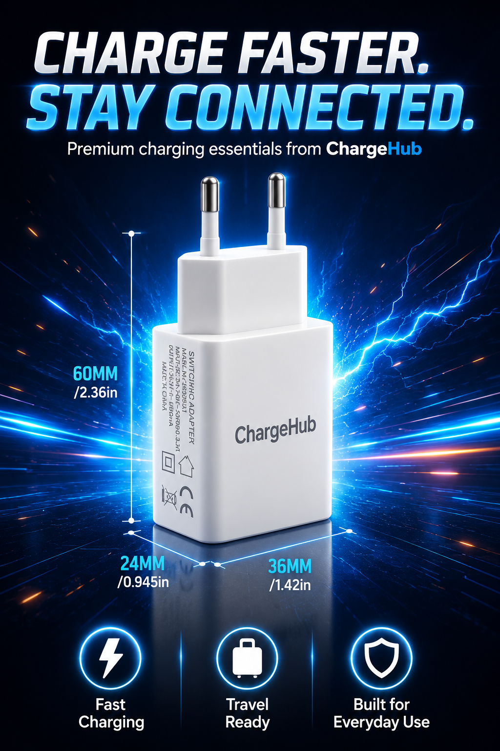 ChargeHub 10W USB wall charger with EU two-pin plug for phones and small USB devices, view 2