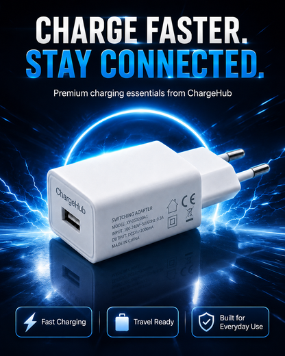 ChargeHub 10W USB wall charger with EU two-pin plug for phones and small USB devices, view 3