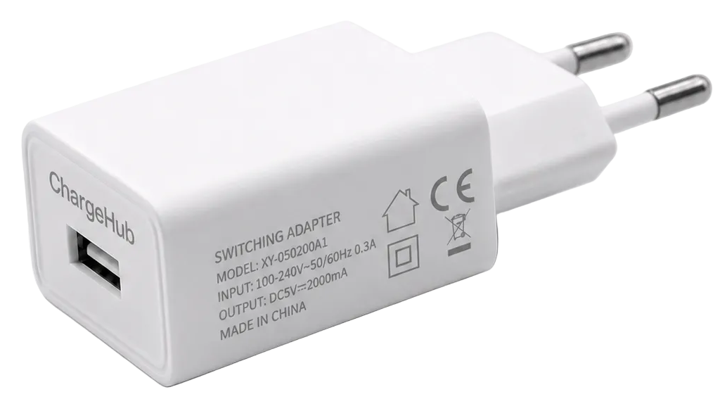ChargeHub 10W USB wall charger with EU two-pin plug for phones and small USB devices