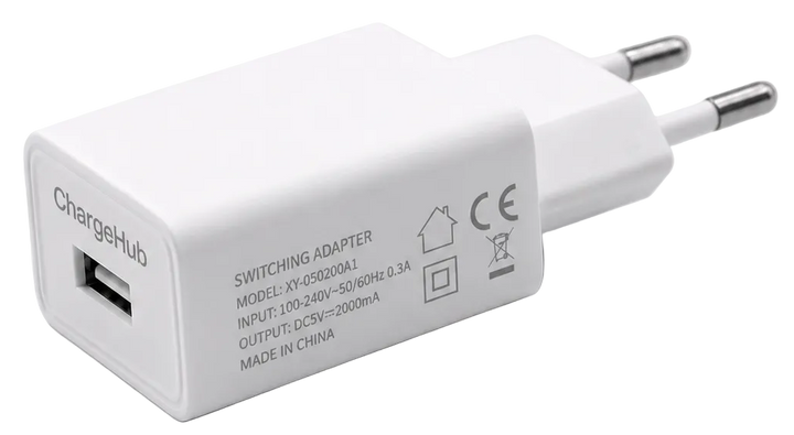 ChargeHub 10W USB wall charger with EU two-pin plug for phones and small USB devices