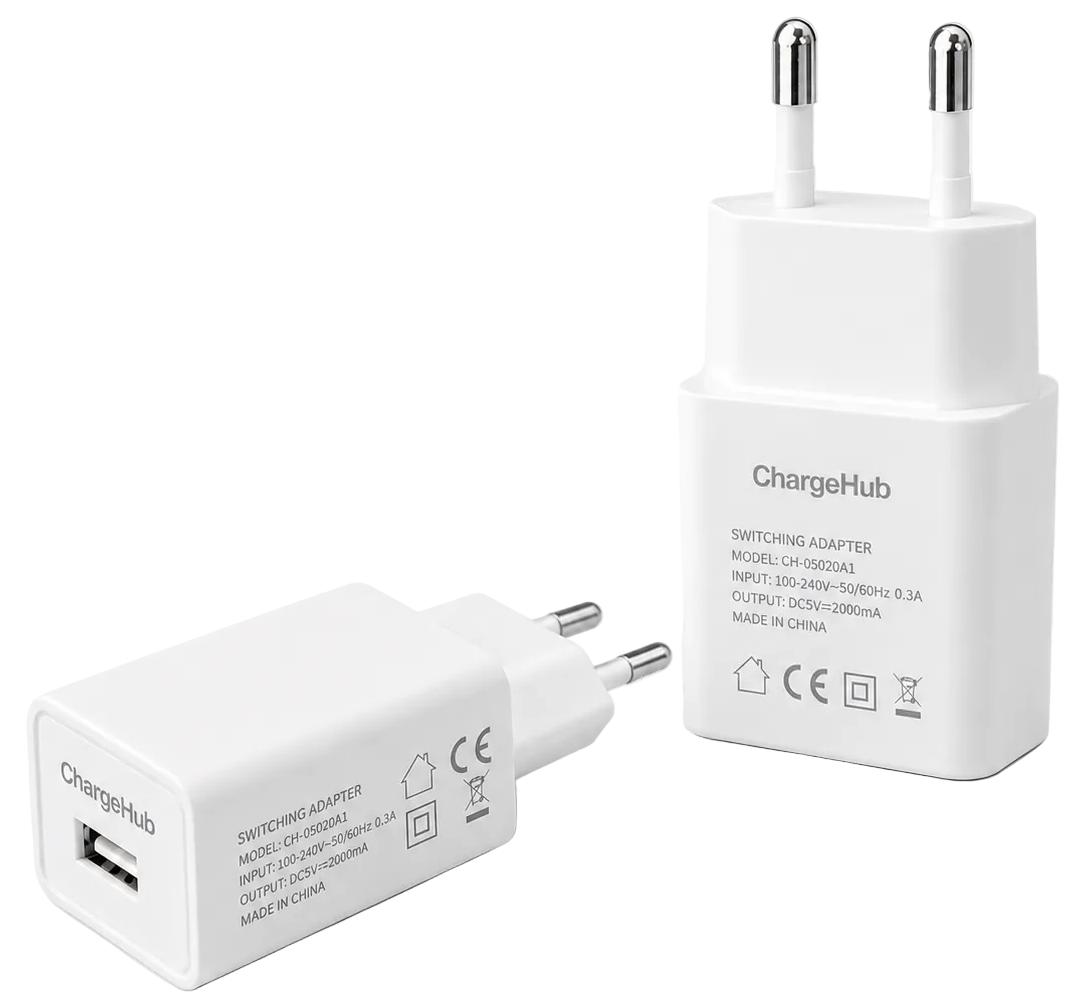 ChargeHub 10W USB wall charger in white with EU plug for everyday phone charging