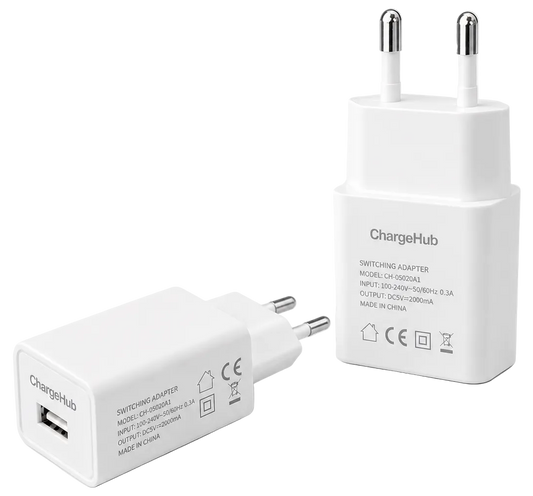 ChargeHub 10W USB wall charger in white with EU plug for everyday phone charging