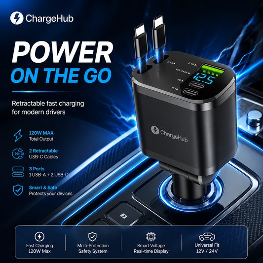 ChargeHub 120W retractable car charger with two built-in USB-C cables for front and back seats, view 2
