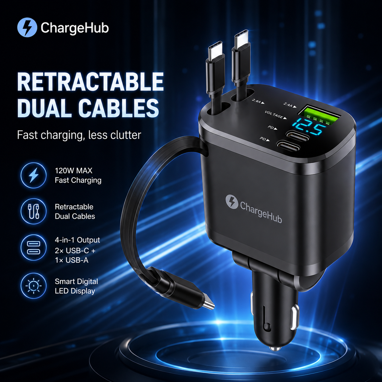 ChargeHub 120W retractable car charger with two built-in USB-C cables for front and back seats, view 3