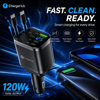 ChargeHub 120W retractable car charger with two built-in USB-C cables for front and back seats, view 4