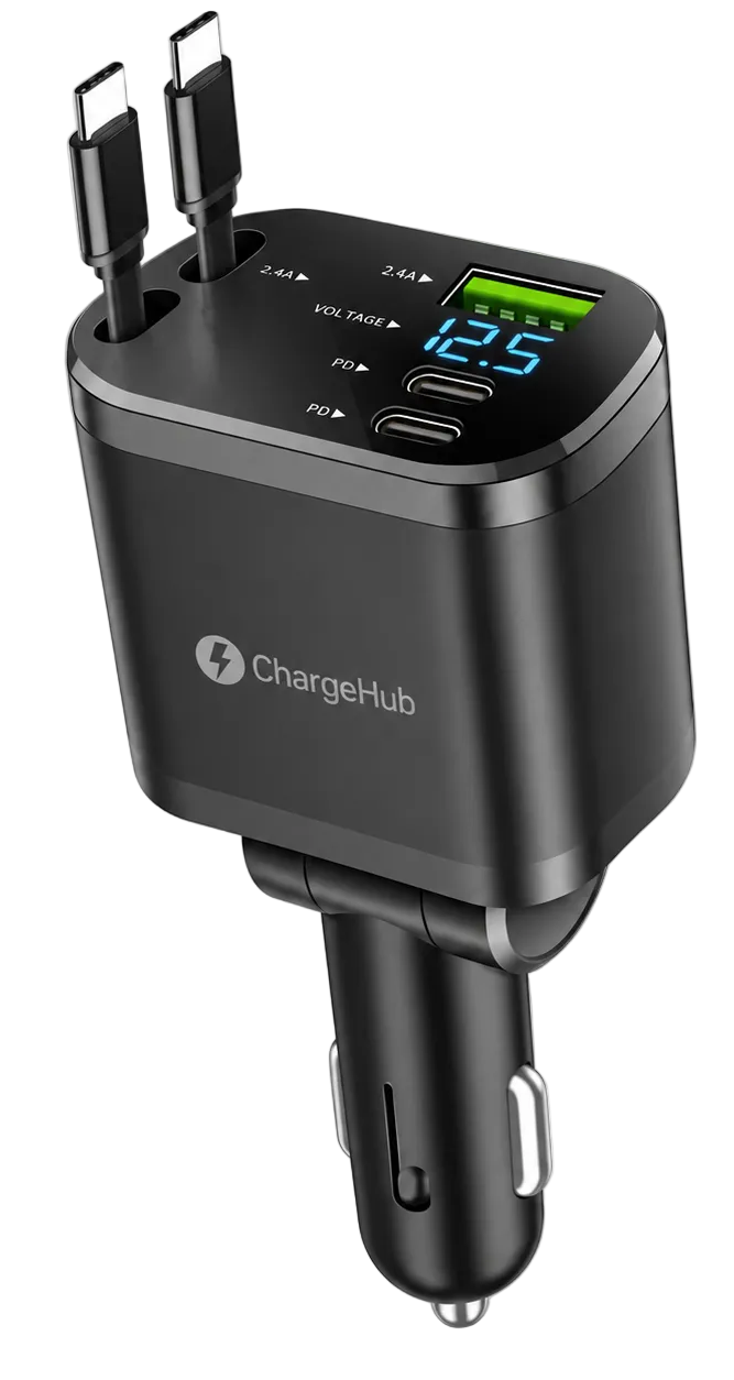ChargeHub 120W retractable car charger with two built-in USB-C cables for front and back seats