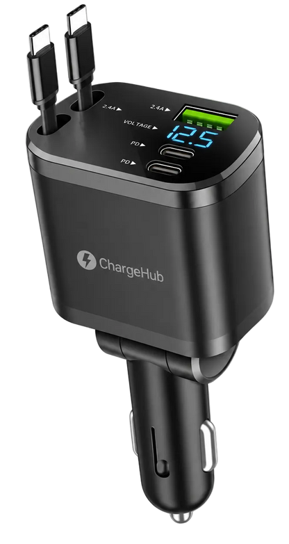 ChargeHub 120W retractable car charger with two built-in USB-C cables for front and back seats