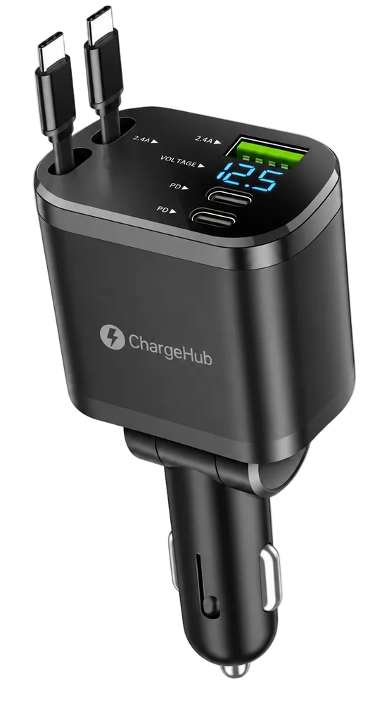 ChargeHub 120W retractable car charger with two built-in USB-C cables for front and back seats