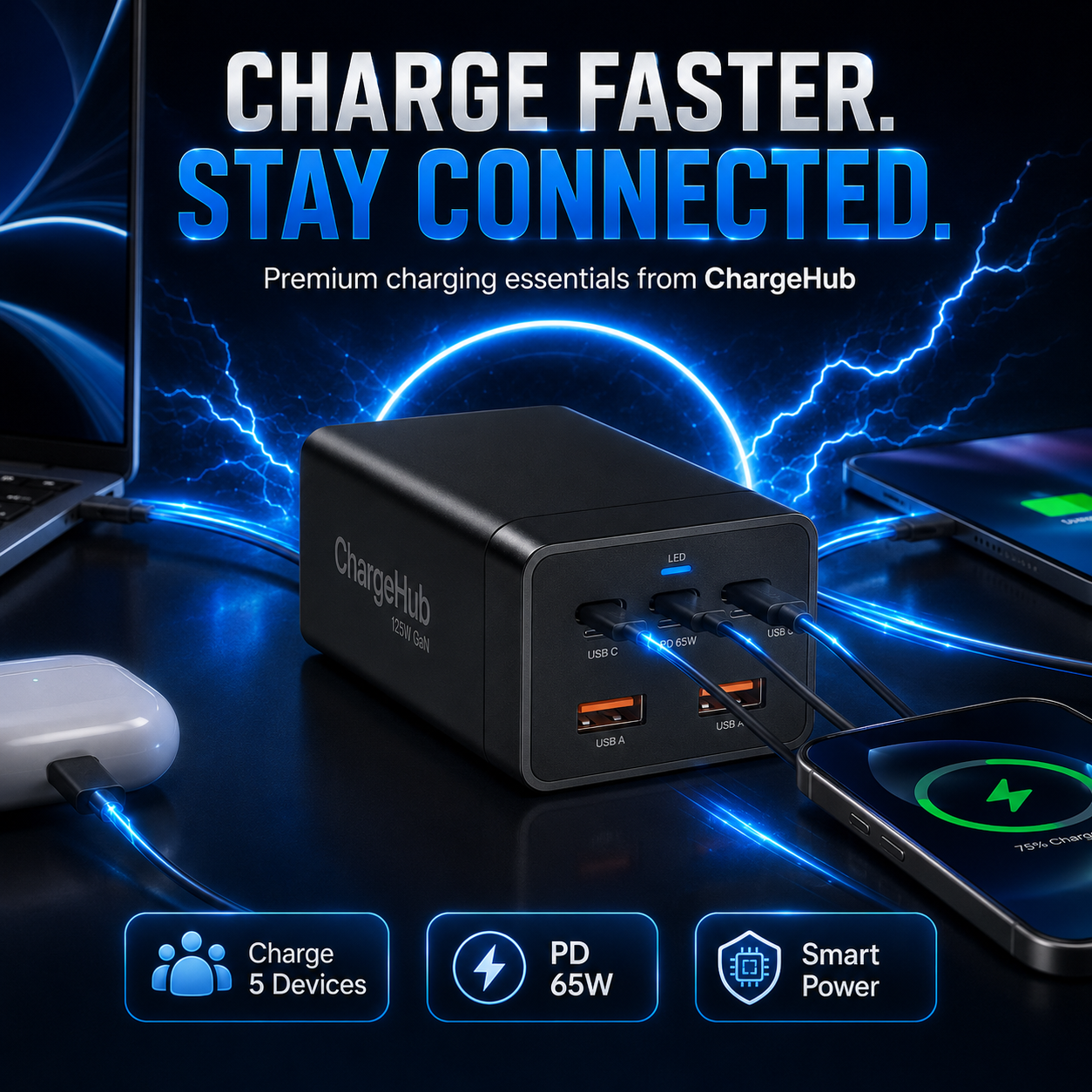 ChargeHub 125W GaN 5-port desktop charging station for a laptop, phones and tablet, view 2