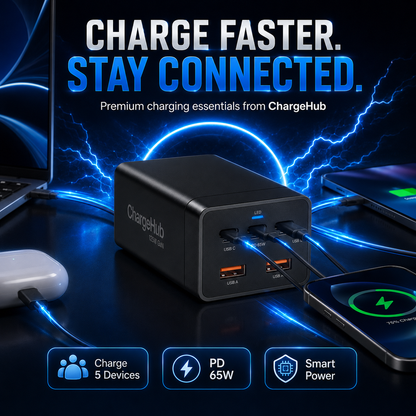 ChargeHub 125W GaN 5-port desktop charging station for a laptop, phones and tablet, view 2