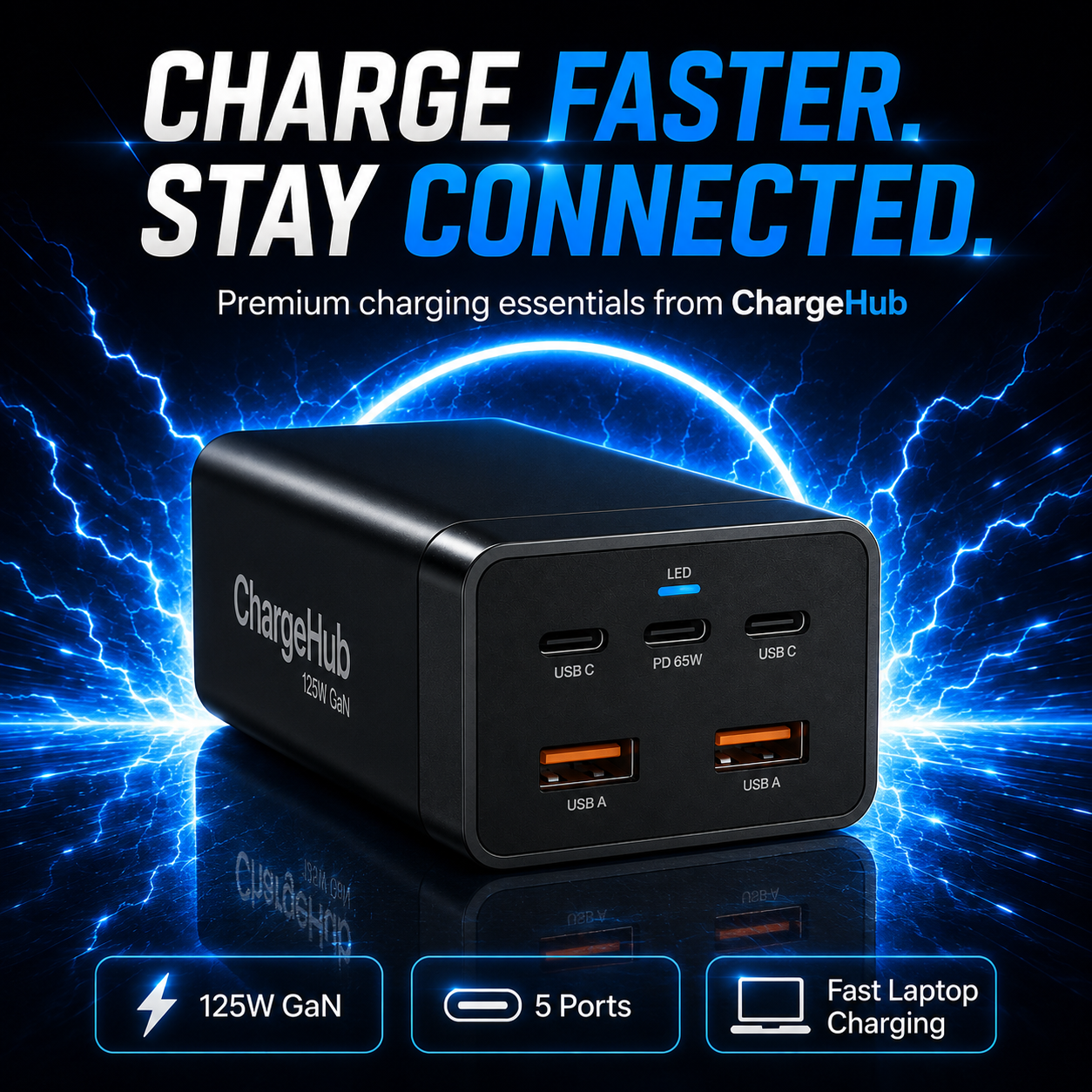 ChargeHub 125W GaN 5-port desktop charging station for a laptop, phones and tablet, view 3