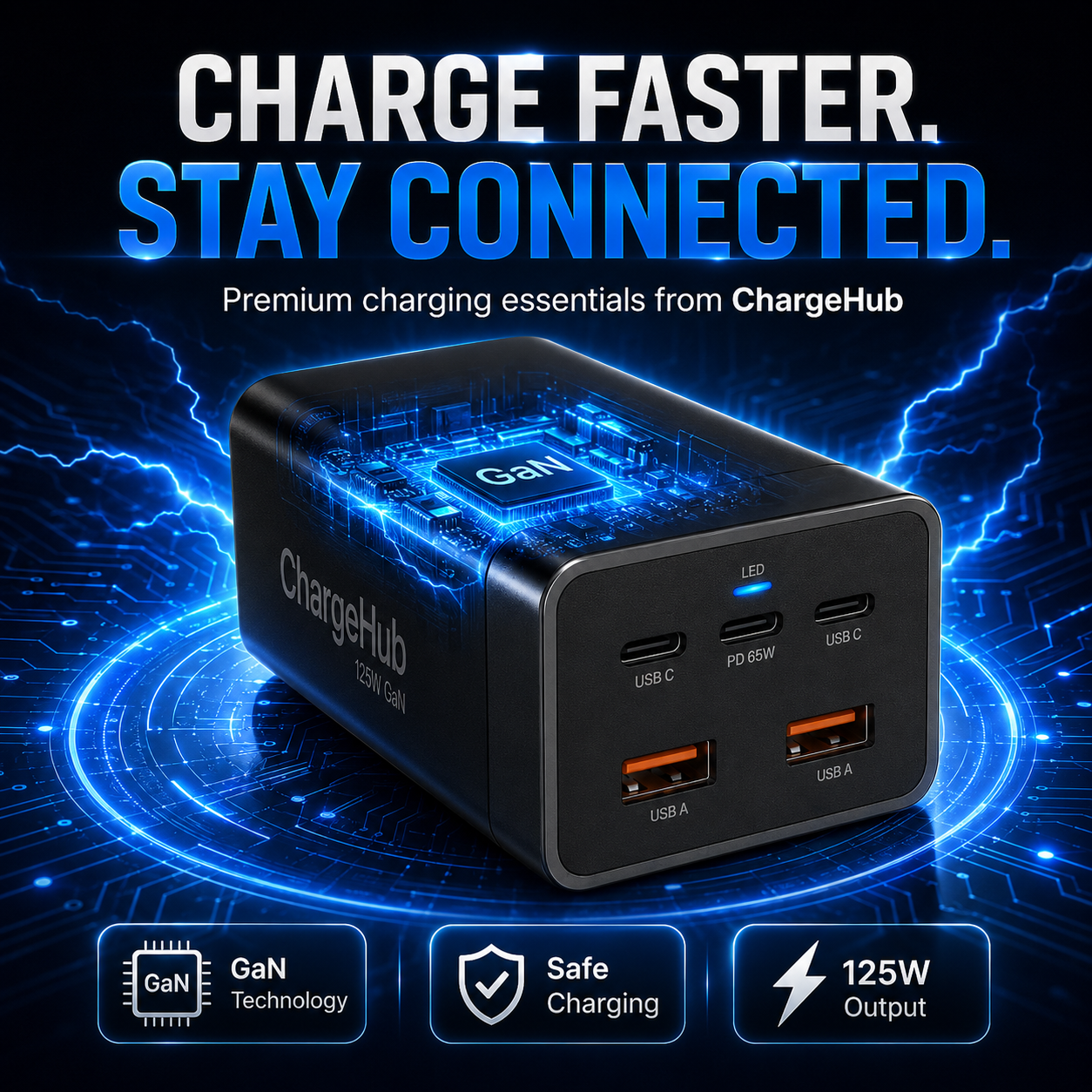 ChargeHub 125W GaN 5-port desktop charging station for a laptop, phones and tablet, view 4