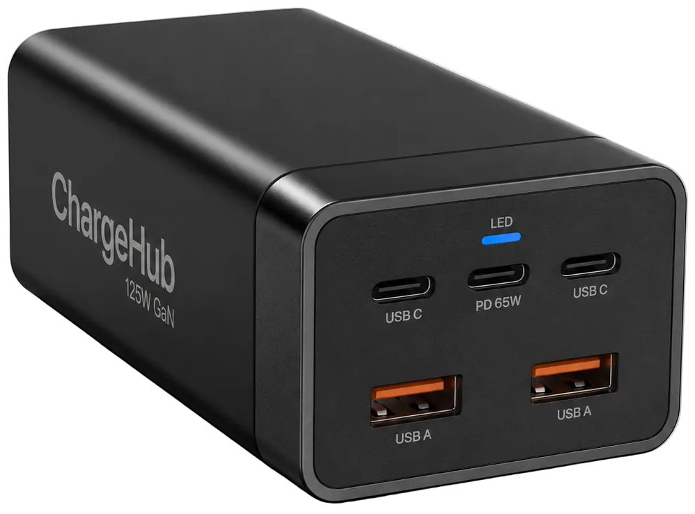 ChargeHub 125W GaN 5-port desktop charging station for a laptop, phones and tablet
