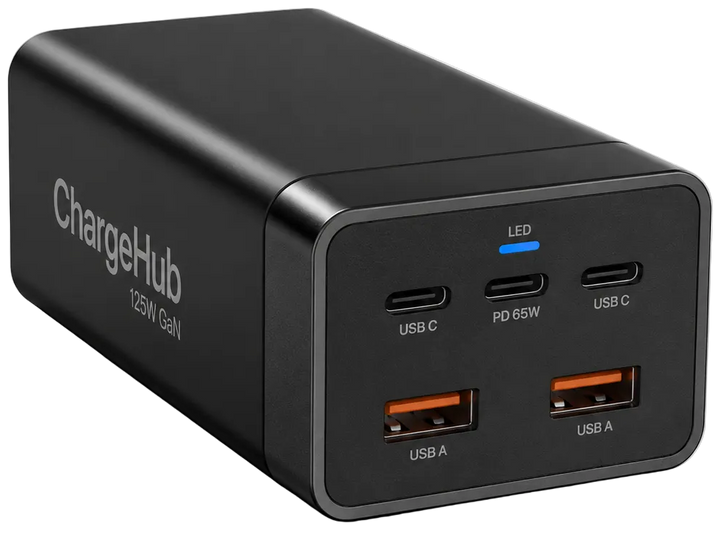 ChargeHub 125W GaN 5-port desktop charging station for a laptop, phones and tablet