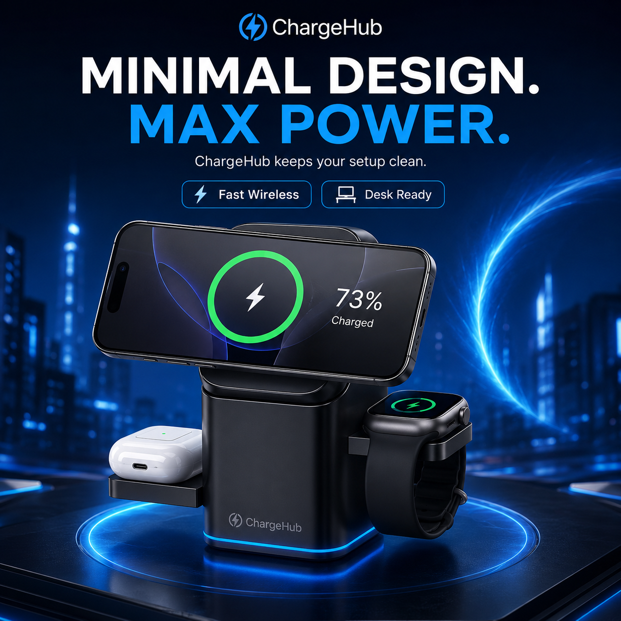 ChargeHub 15W 3-in-1 foldable magnetic wireless charging stand for phone, watch and earbuds, view 3