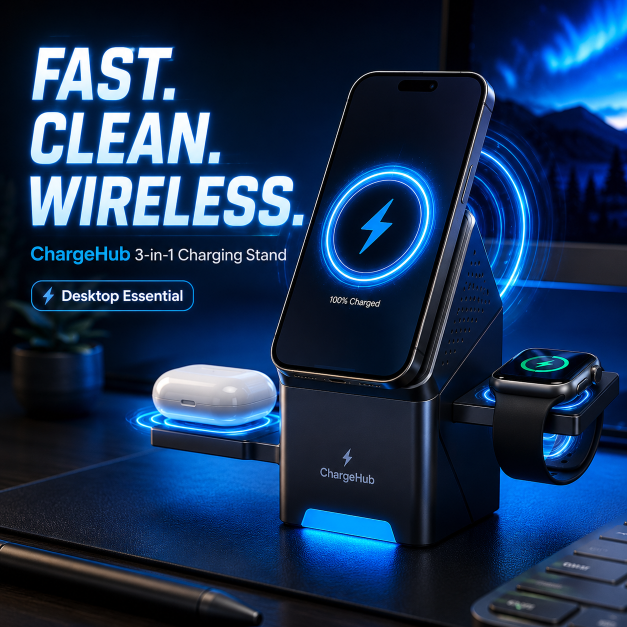 ChargeHub 15W 3-in-1 rotatable wireless charging stand for phone, watch and earbuds, view 2