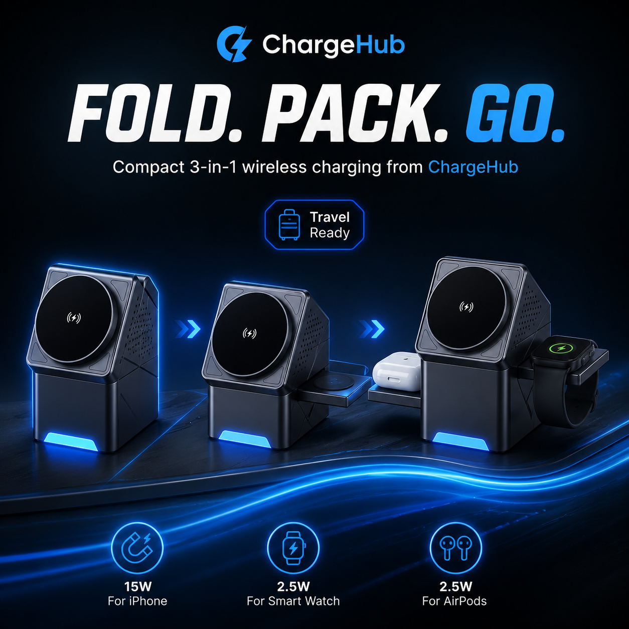 ChargeHub 15W 3-in-1 rotatable wireless charging stand for phone, watch and earbuds, view 3