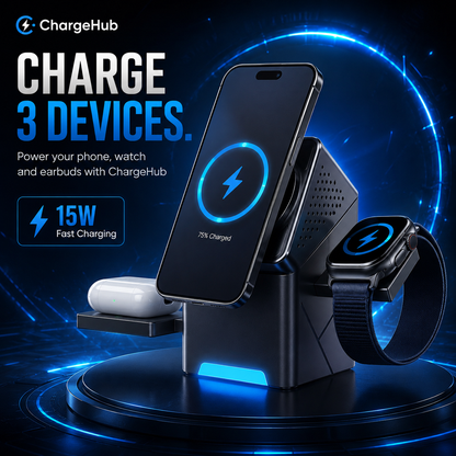 ChargeHub 15W 3-in-1 rotatable wireless charging stand for phone, watch and earbuds, view 4