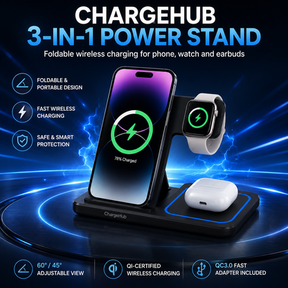 ChargeHub 15W 3-in-1 wireless charger for iPhone, Apple Watch and AirPods, view 2