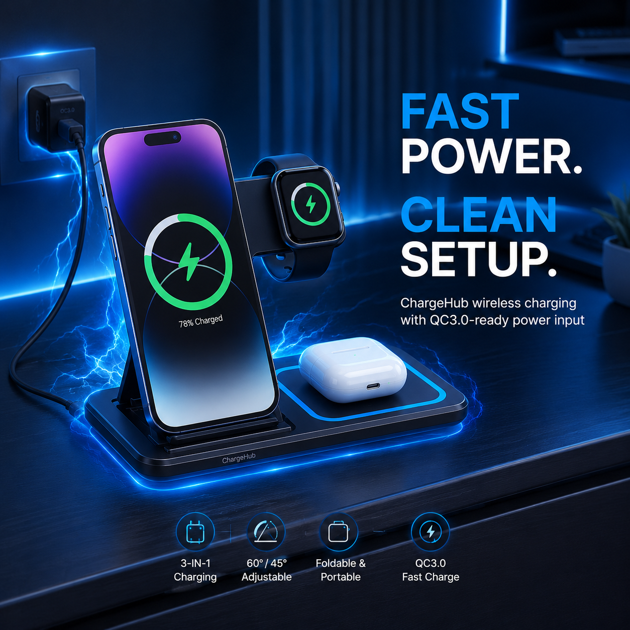 ChargeHub 15W 3-in-1 wireless charger for iPhone, Apple Watch and AirPods, view 3