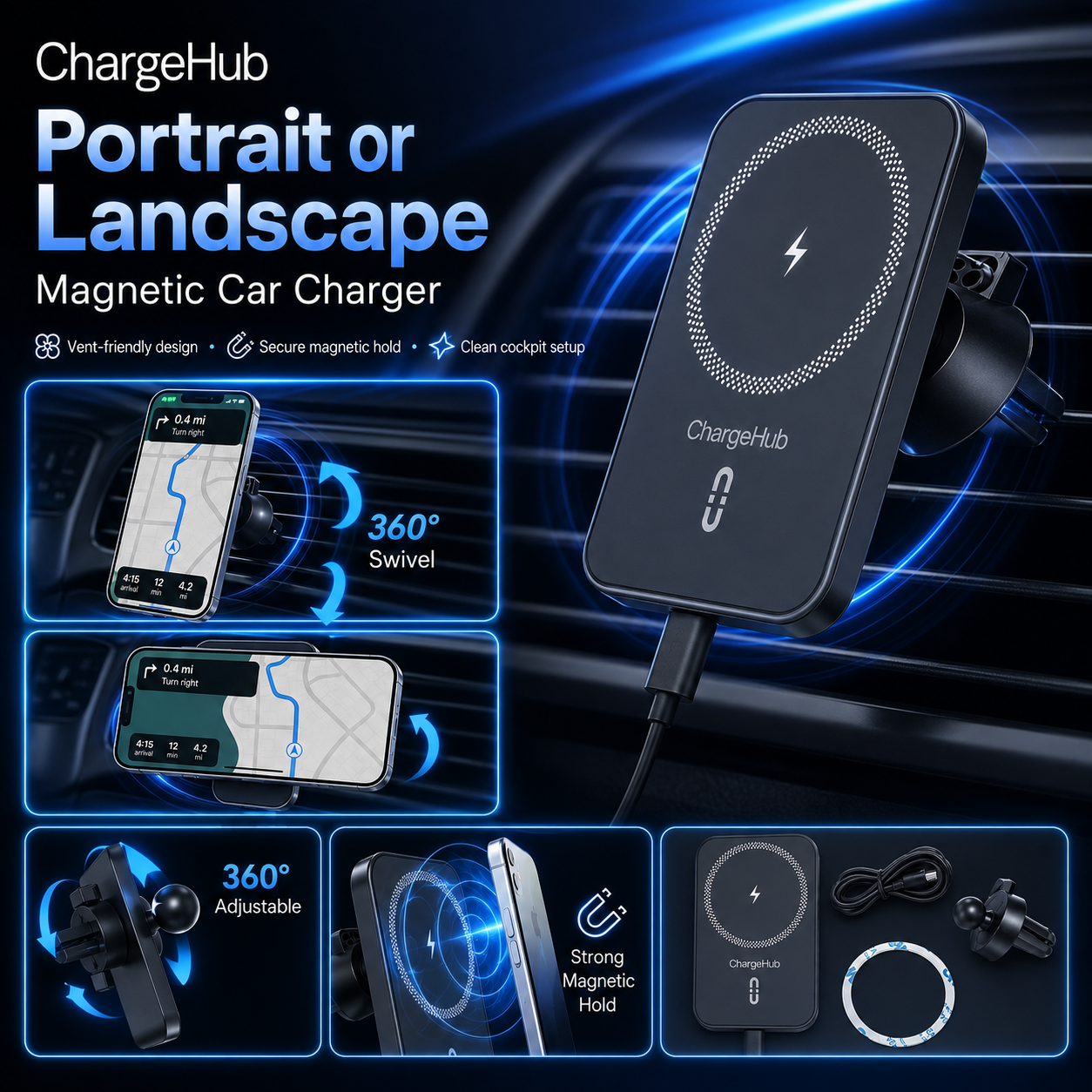 ChargeHub 15W magnetic car mount wireless charger that holds and charges your phone, view 2