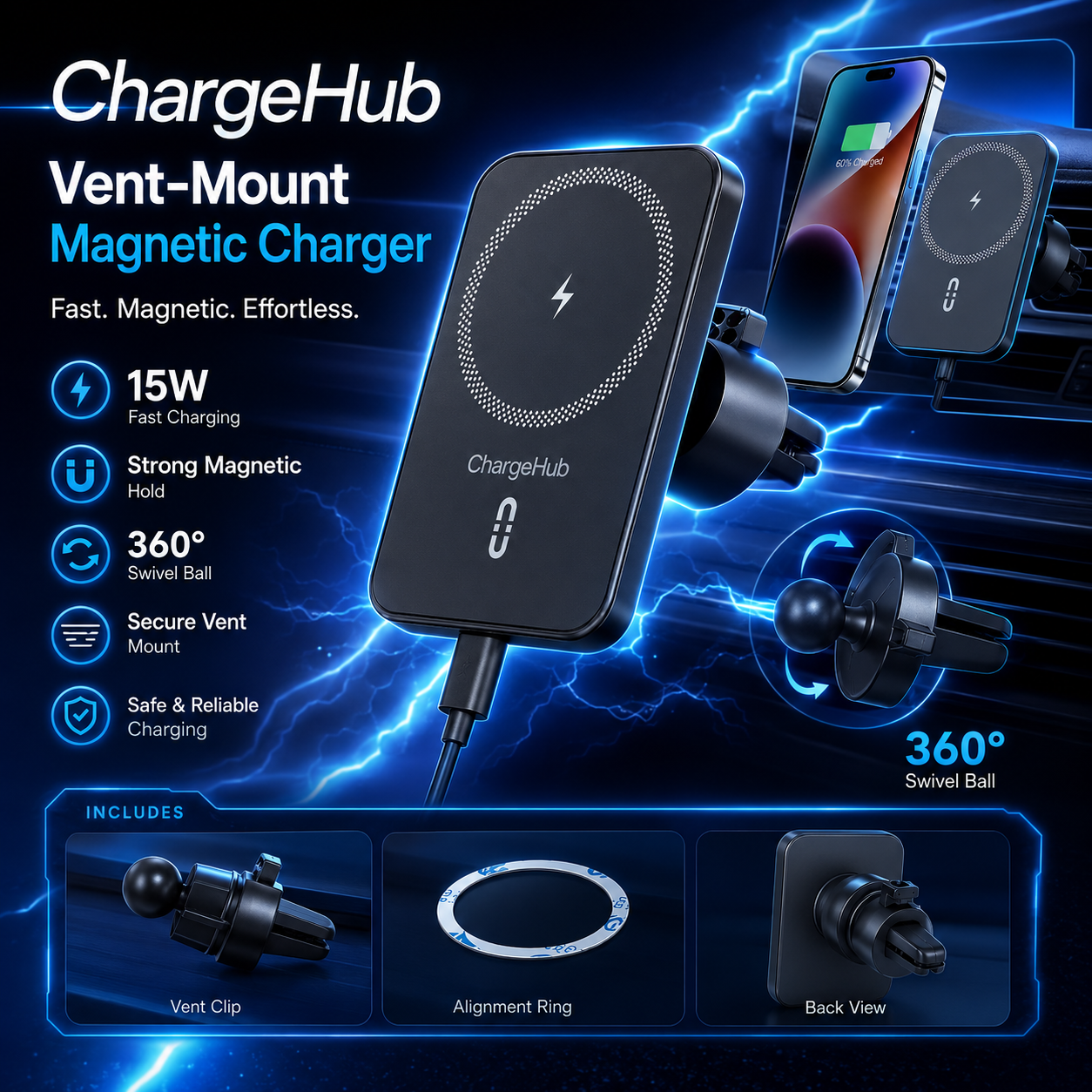 ChargeHub 15W magnetic car mount wireless charger that holds and charges your phone, view 3