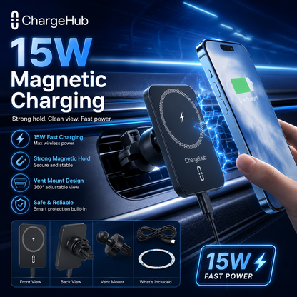 ChargeHub 15W magnetic car mount wireless charger that holds and charges your phone, view 4
