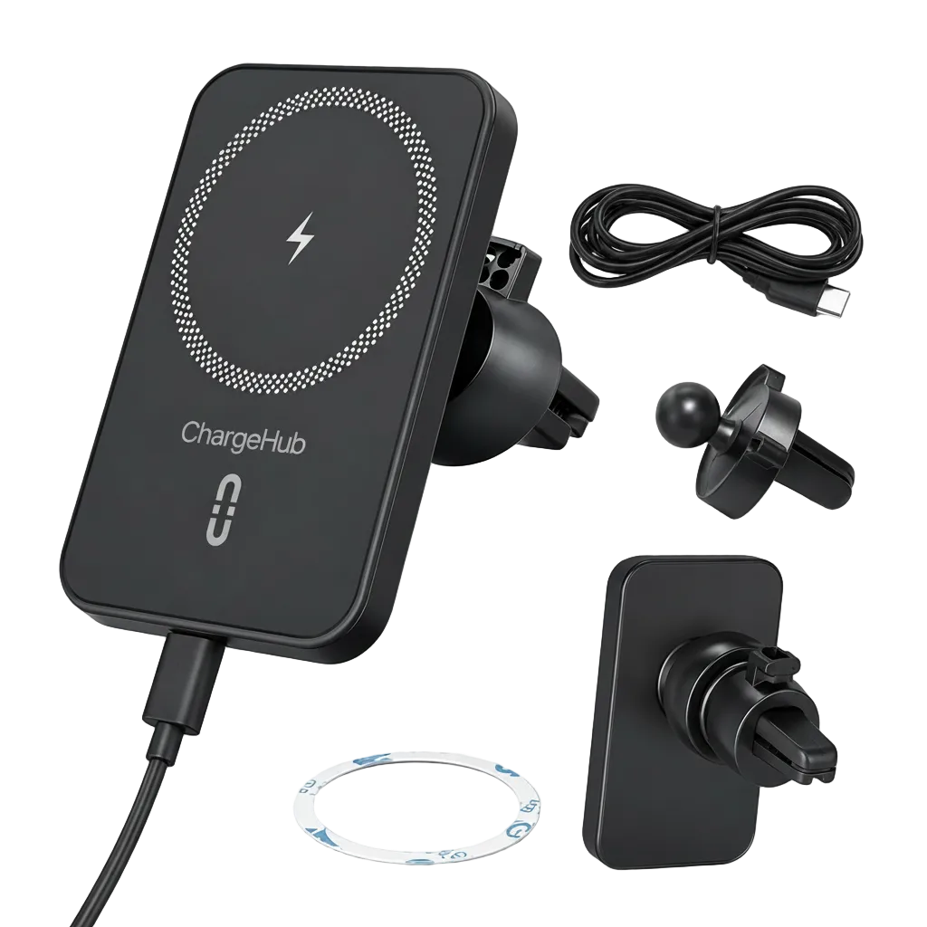 ChargeHub 15W magnetic car mount wireless charger that holds and charges your phone