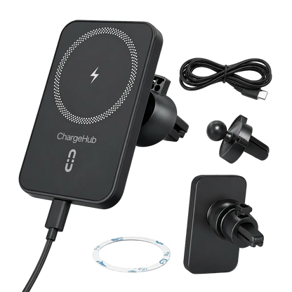 ChargeHub 15W magnetic car mount wireless charger that holds and charges your phone