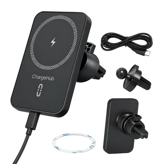 ChargeHub 15W magnetic car mount wireless charger that holds and charges your phone