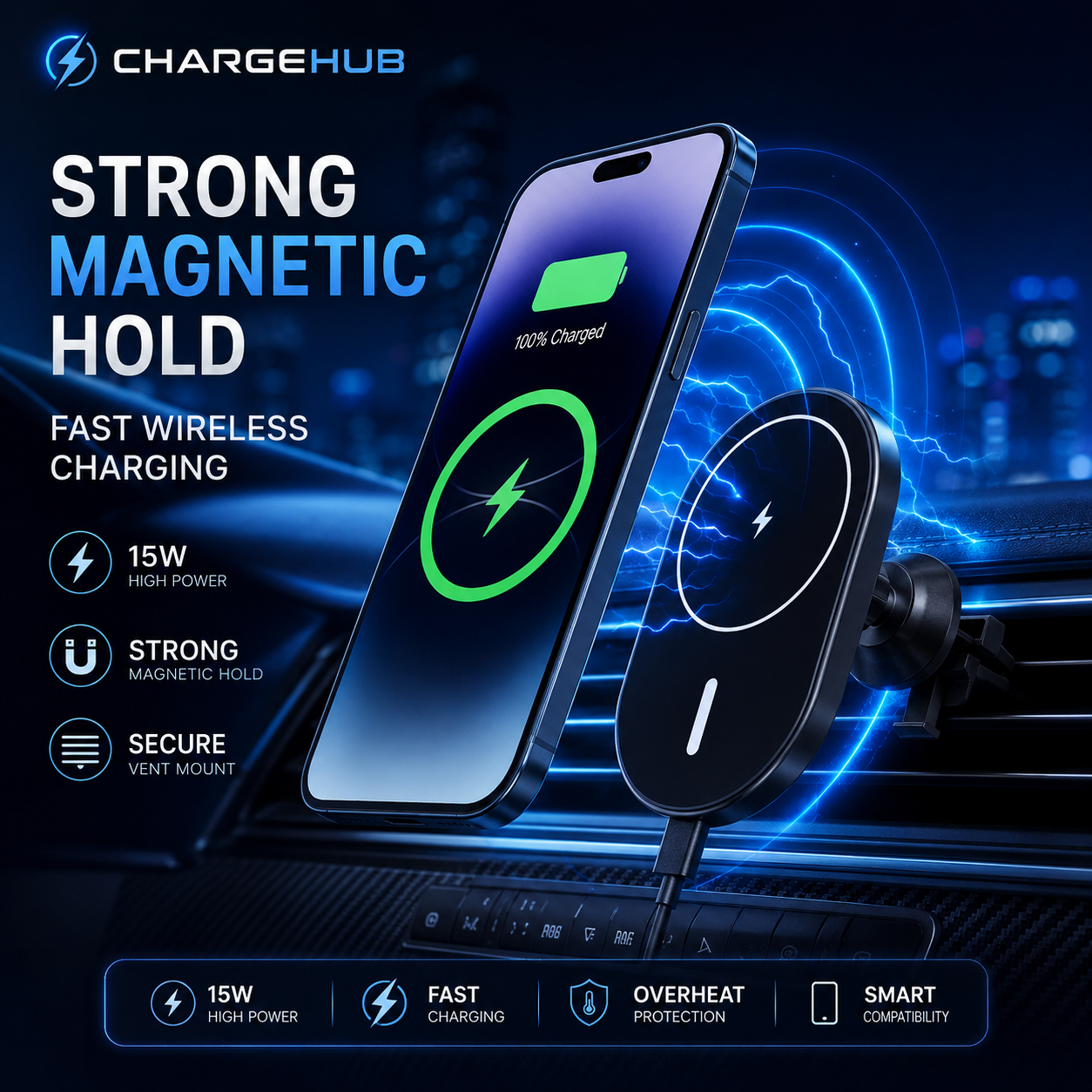 ChargeHub 15W magnetic wireless car charger for iPhone with strong magnetic hold, view 2
