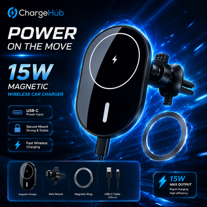 ChargeHub 15W magnetic wireless car charger for iPhone with strong magnetic hold, view 3