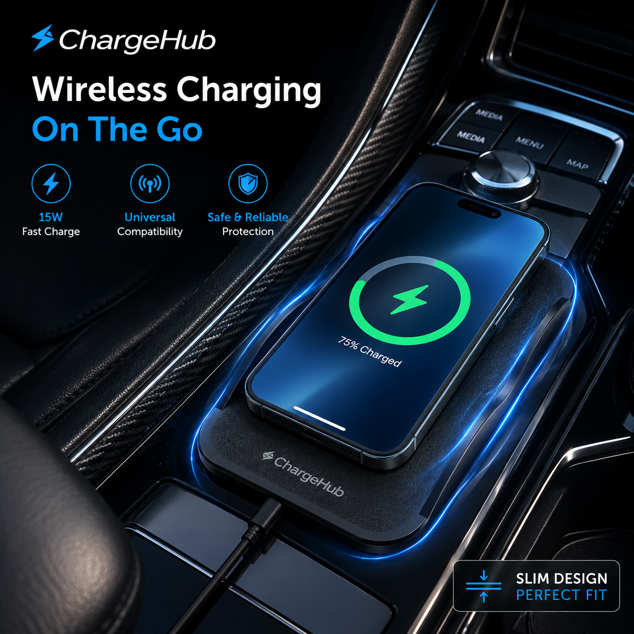 ChargeHub 15W wireless charging anti-slip car mat for the dashboard or console, view 3