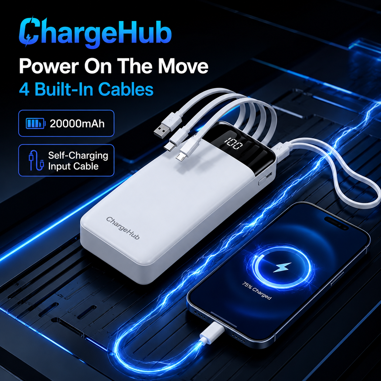 ChargeHub 20000mAh 66W USB-C power bank with LCD display for phones, tablets and laptops, view 3