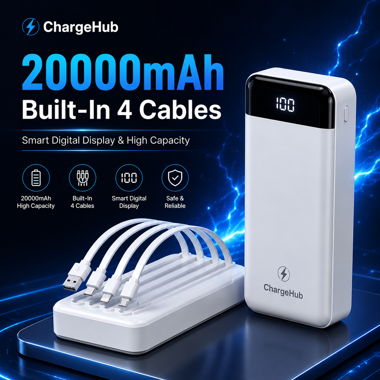 ChargeHub 20000mAh 66W USB-C power bank with LCD display for phones, tablets and laptops, view 4