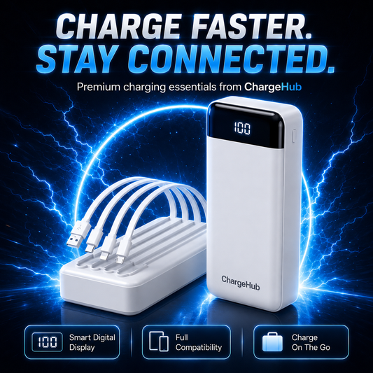 ChargeHub 20000mAh power bank in white with built-in cables and digital battery display, view 2