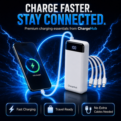 ChargeHub 20000mAh power bank in white with built-in cables and digital battery display, view 3