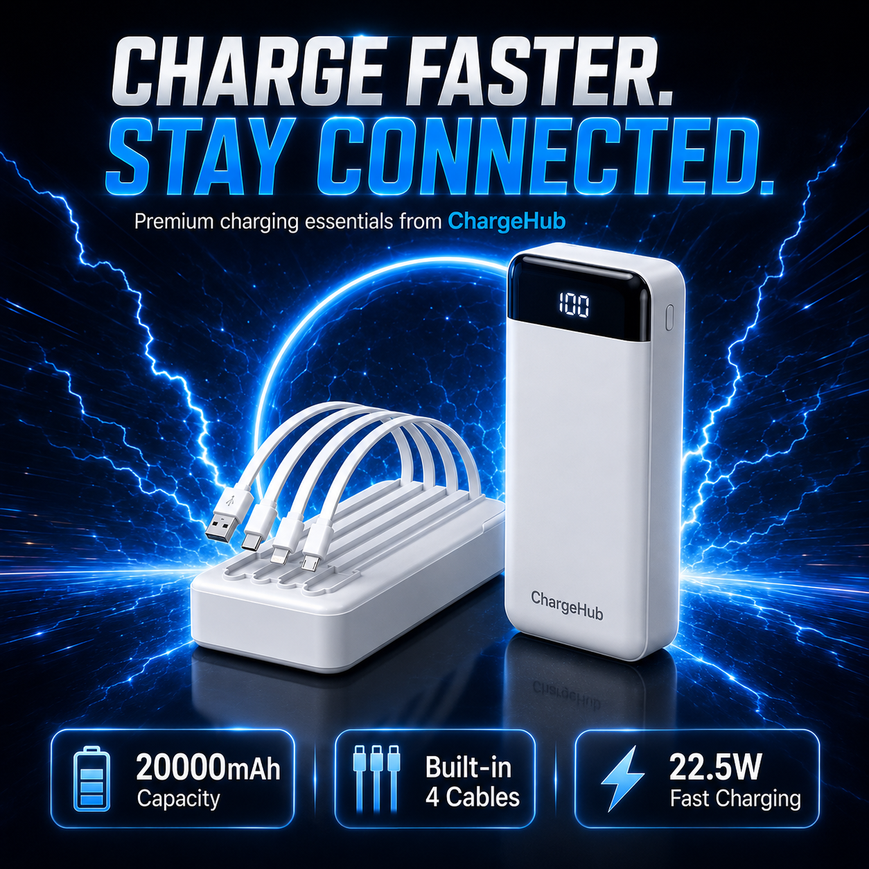 ChargeHub 20000mAh power bank in white with built-in cables and digital battery display, view 4