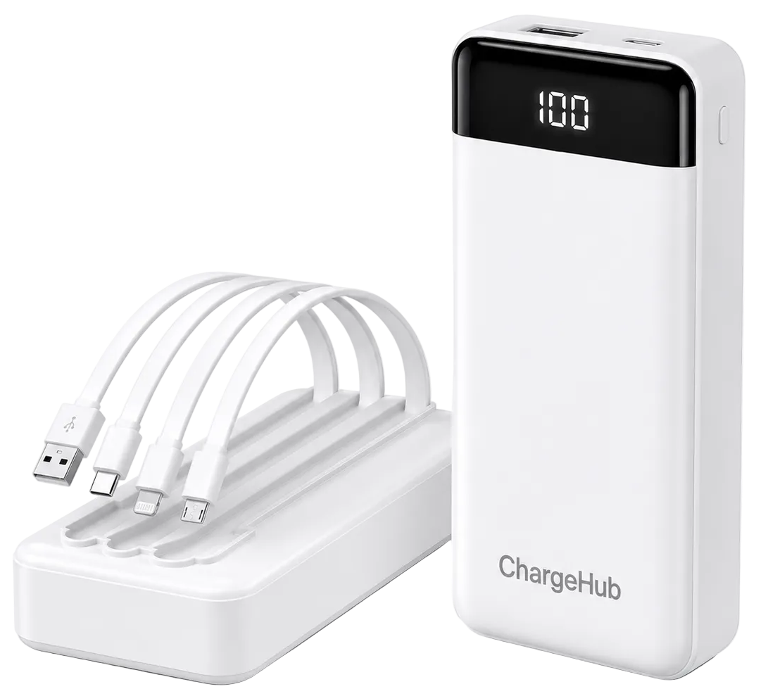 ChargeHub 20000mAh power bank in white with built-in cables and digital battery display