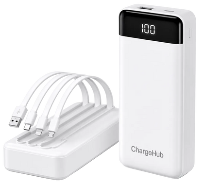 ChargeHub 20000mAh power bank in white with built-in cables and digital battery display