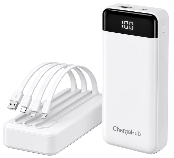 ChargeHub 20000mAh power bank in white with built-in cables and digital battery display