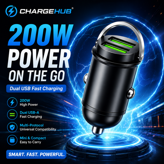 ChargeHub 200W dual-USB high-power car charger for 12V to 36V vehicles, view 2