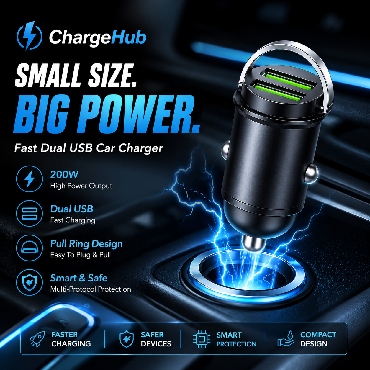 ChargeHub 200W dual-USB high-power car charger for 12V to 36V vehicles, view 3