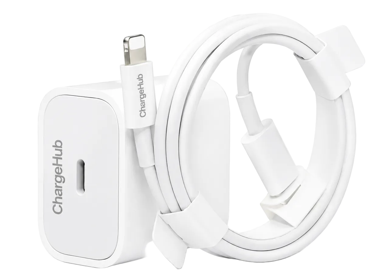 ChargeHub 20W USB-C fast charger with USB-C cable for quick phone charging