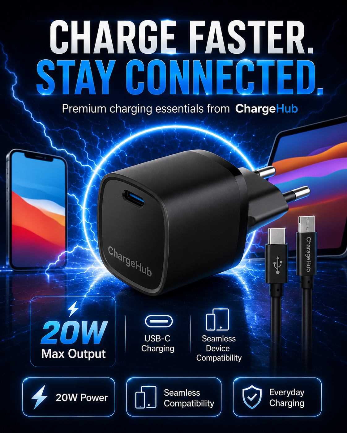ChargeHub 20W USB-C PD travel charger with 60W USB-C cable for charging on the go, view 2