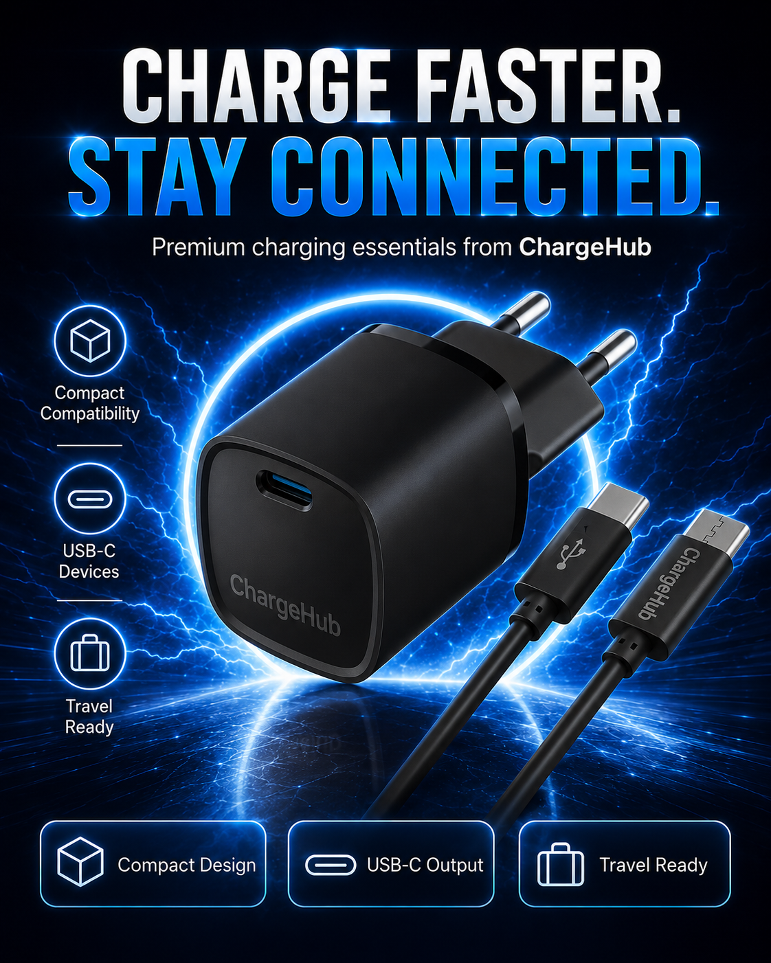 ChargeHub 20W USB-C PD travel charger with 60W USB-C cable for charging on the go, view 3
