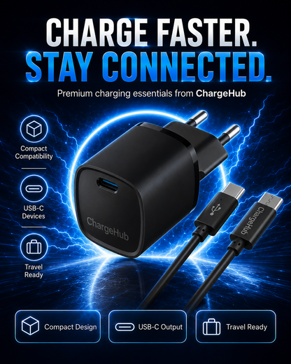 ChargeHub 20W USB-C PD travel charger with 60W USB-C cable for charging on the go, view 3