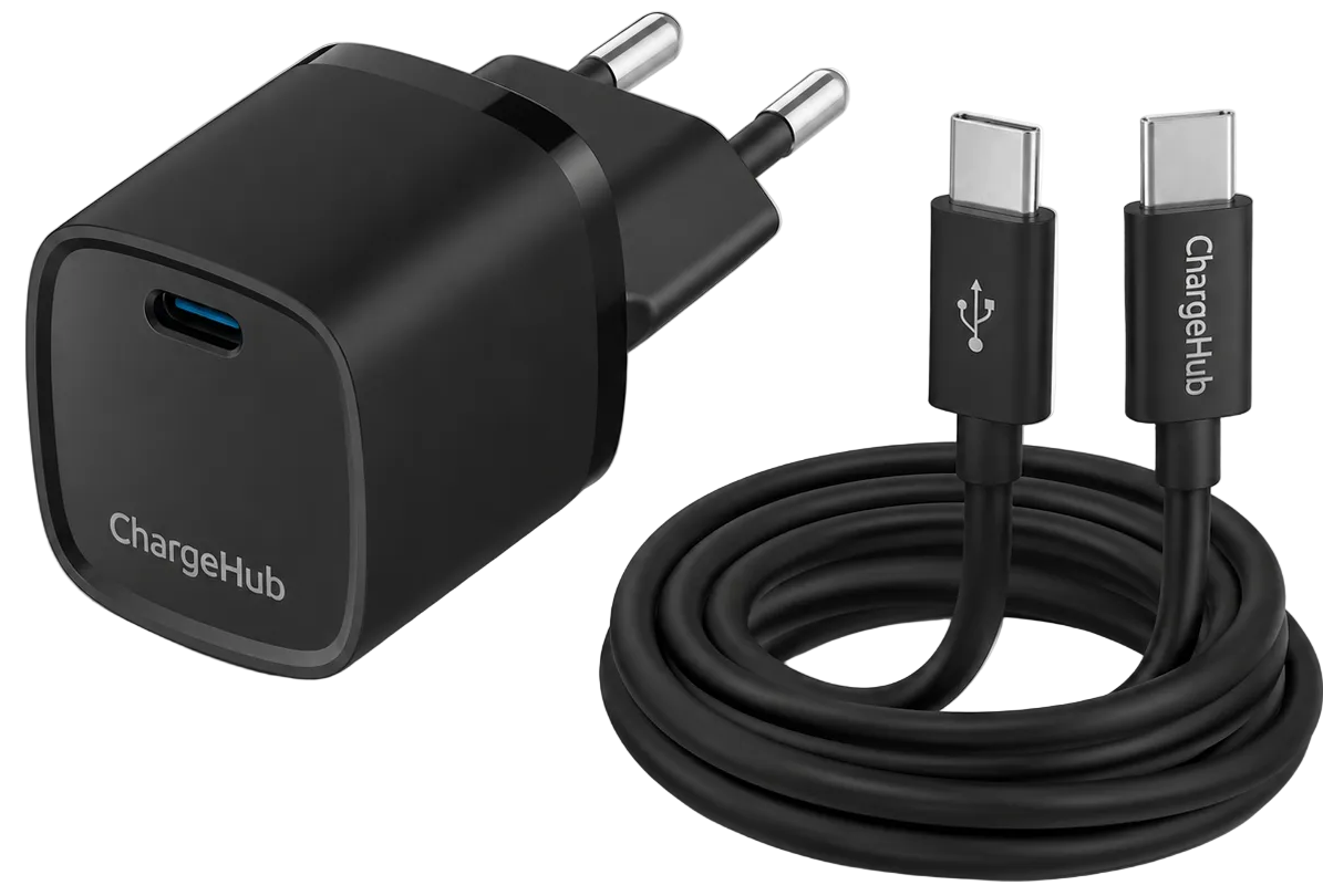 ChargeHub 20W USB-C PD travel charger with 60W USB-C cable for charging on the go