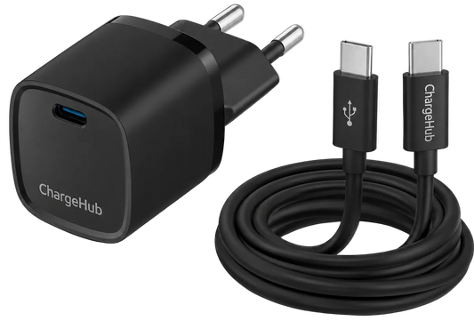 ChargeHub 20W USB-C PD travel charger with 60W USB-C cable for charging on the go
